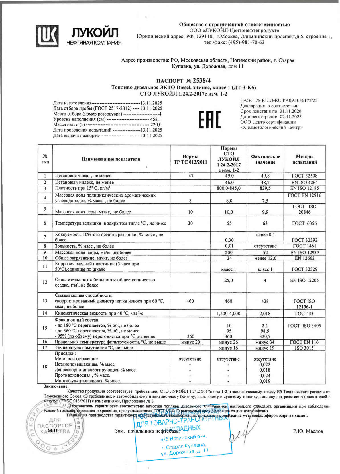Паспорт дизельное топливо Лукойл Зимнее ДТ-З-К5 Класс 1